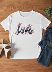 Letter Print Short Sleeve White Round Neck T Shirt