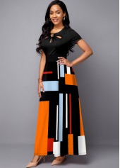 Black Geometric Print Cage Neck Dress