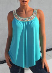 Cyan Rhinestone Design Wide Strap Tank Top