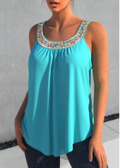 Cyan Rhinestone Design Wide Strap Tank Top