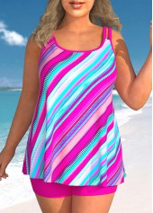 Plus Size Striped Rose Red Double Straps Tankini Set