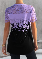 Light Purple Floral Print Lace Patchwork Blouse