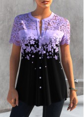 Light Purple Floral Print Lace Patchwork Blouse