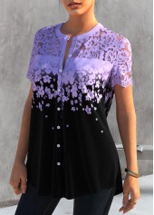 Light Purple Floral Print Lace Patchwork Blouse