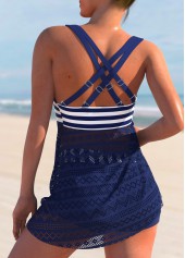 Nautical Striped Lace Patchwork Navy Blue Swimdress and Shorts