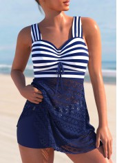 Nautical Striped Lace Patchwork Navy Blue Swimdress and Shorts