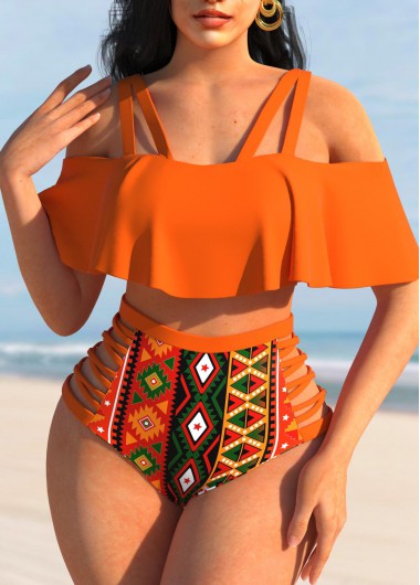 Rosewe High Waisted Orange Tribal Print Bikini Set - M