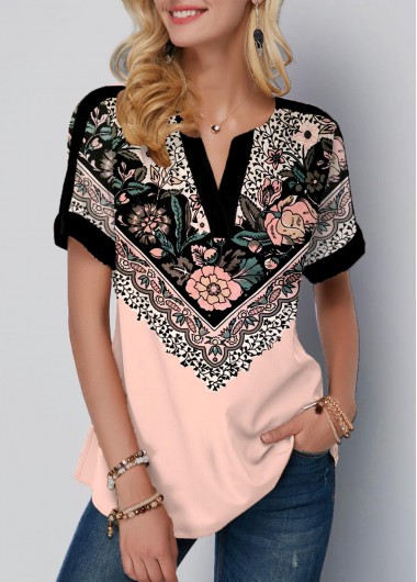 Light Pink Floral Print Split Neck T Shirt