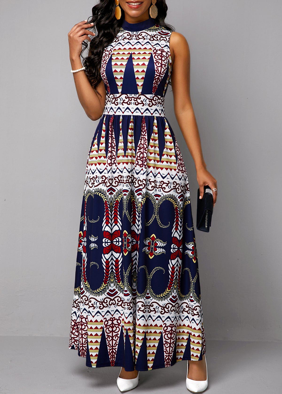 Mock Neck Tribal Print Sleeveless Dress