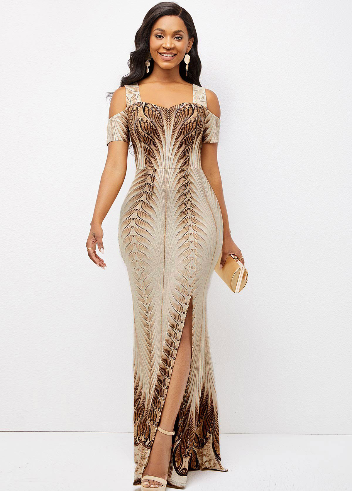 Foil Print Texture Knitted Side Slit Dress