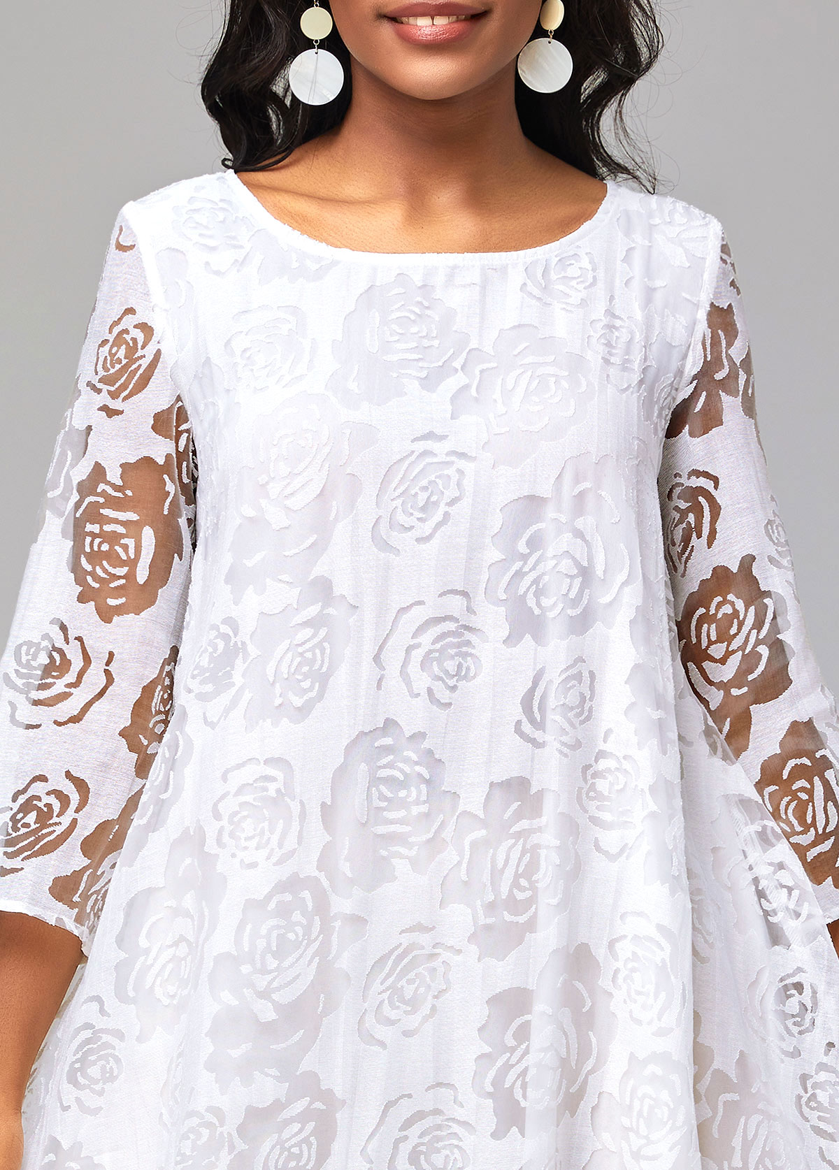 Floral Print Mesh Stitching Sheer Asymmetric Hem White Dress