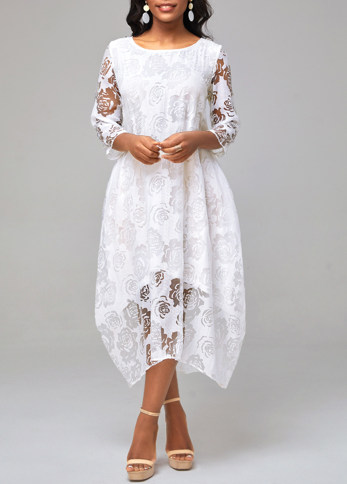 Valentine's Day Floral Print Asymmetry White Dress
