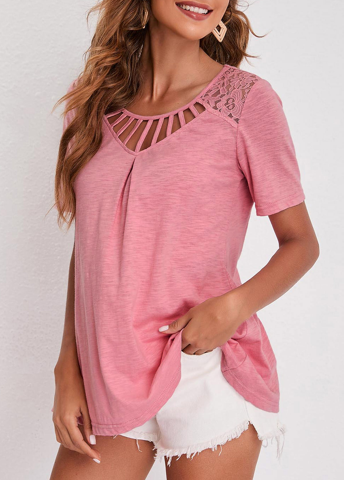 Cage Neck Lace Patchwork Pink T Shirt