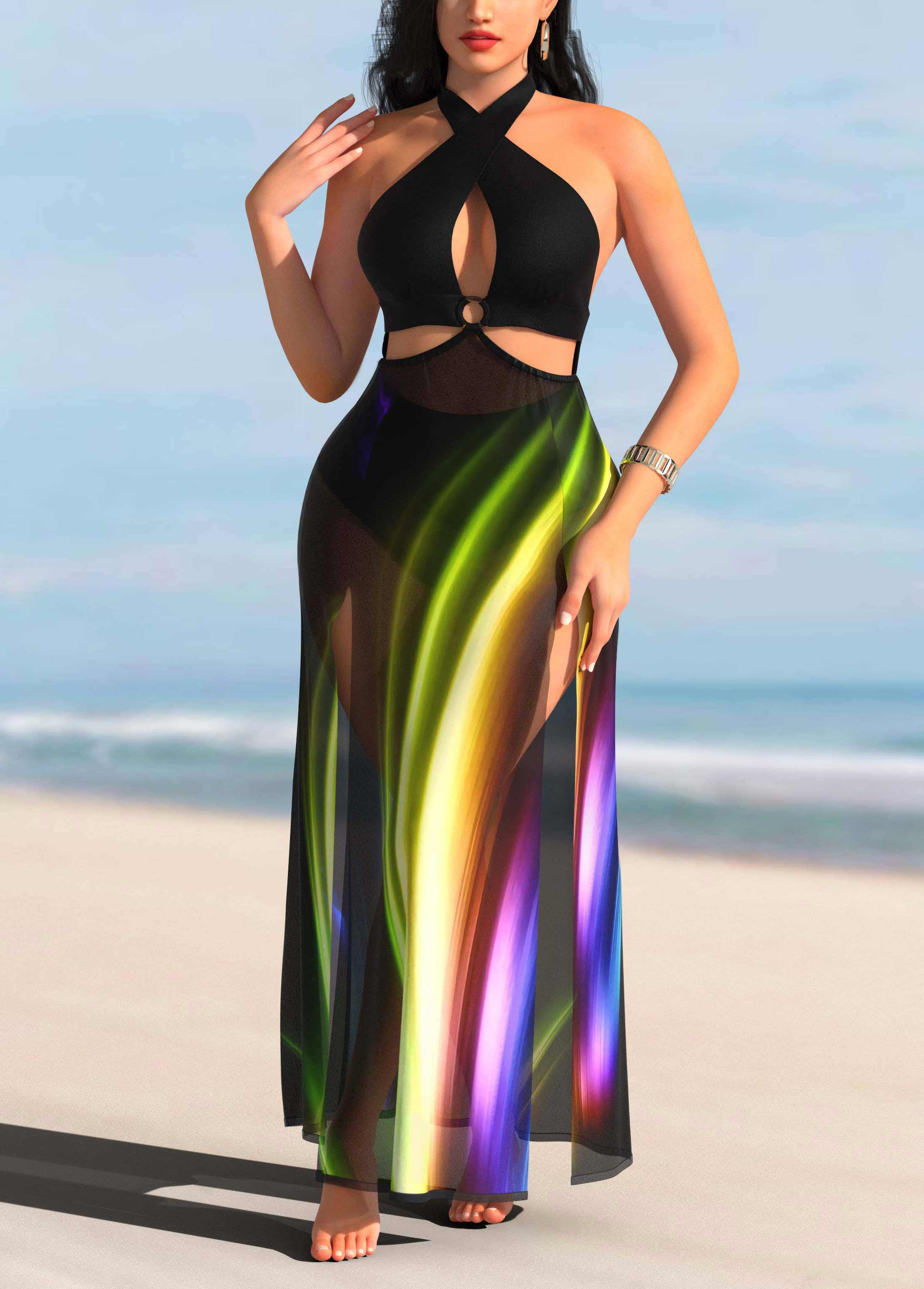 Colorful Cross Halter Cutout Cover Up