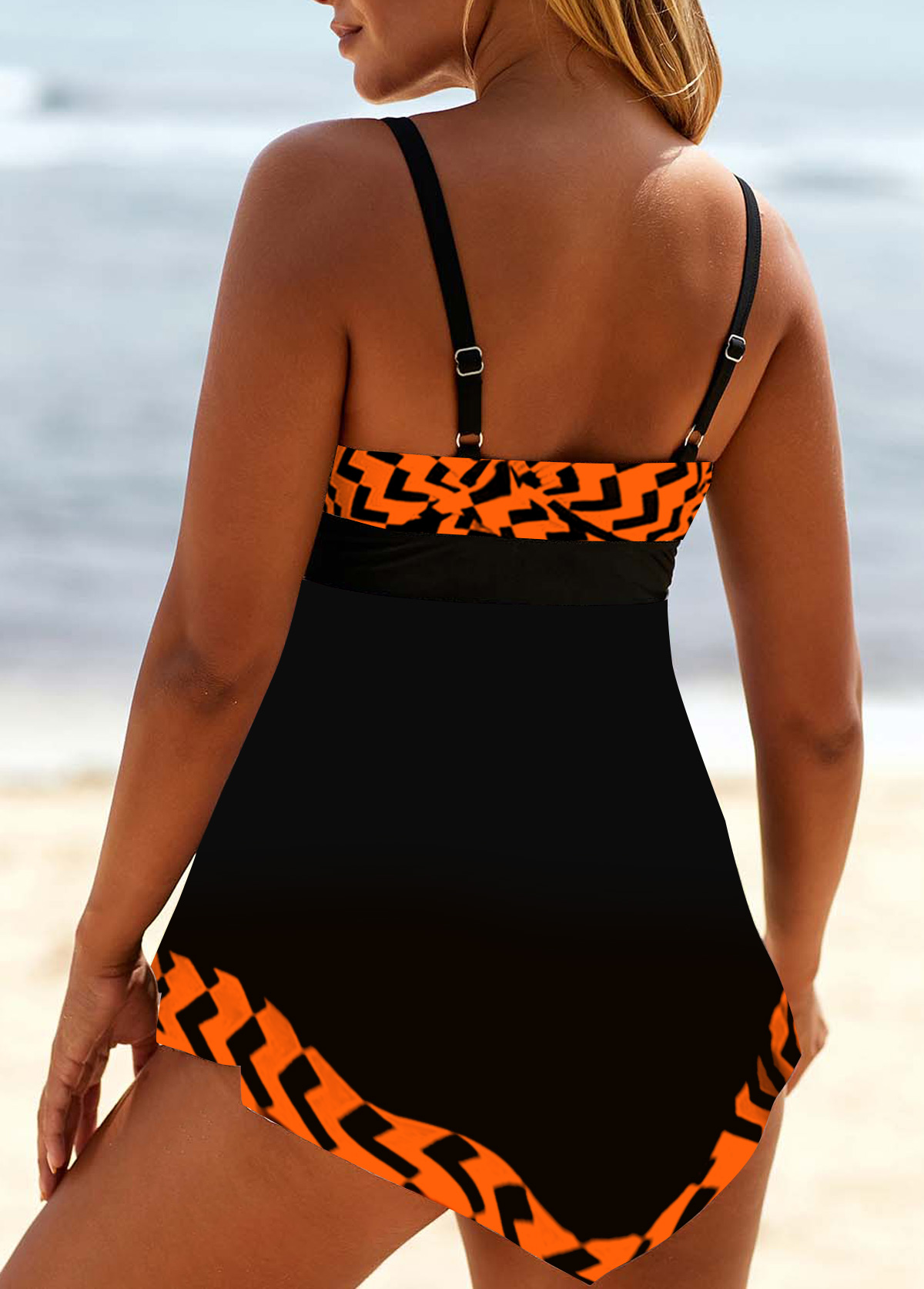 Orange Geometric Print Lace Up Swimdress Top-No Bottom
