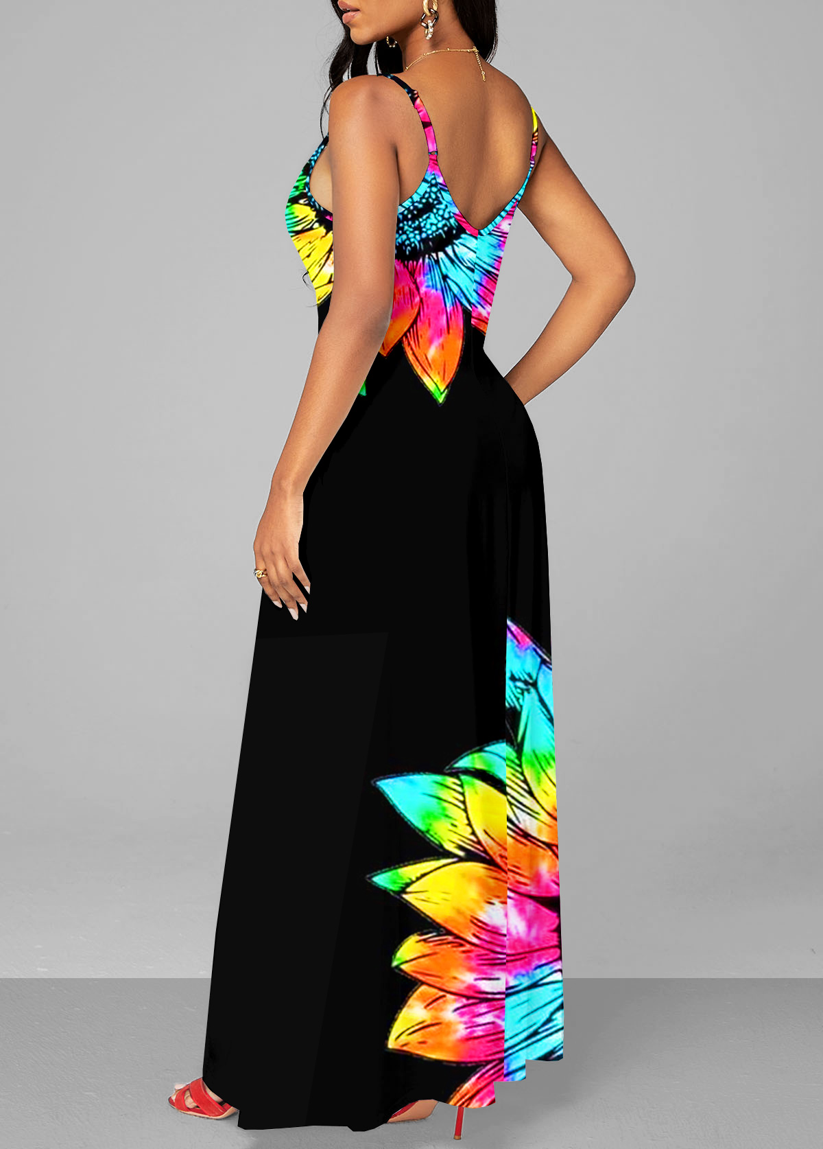 Floral Print Black Spaghetti Strap Maxi Dress