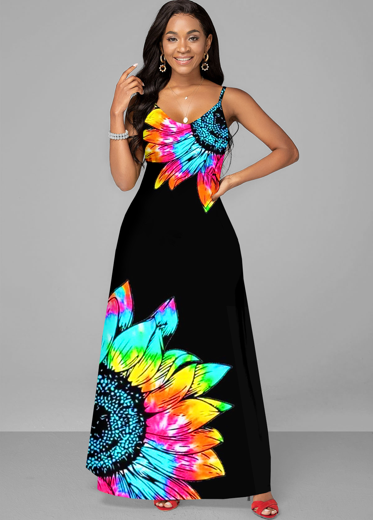 Floral Print Black Spaghetti Strap Maxi Dress