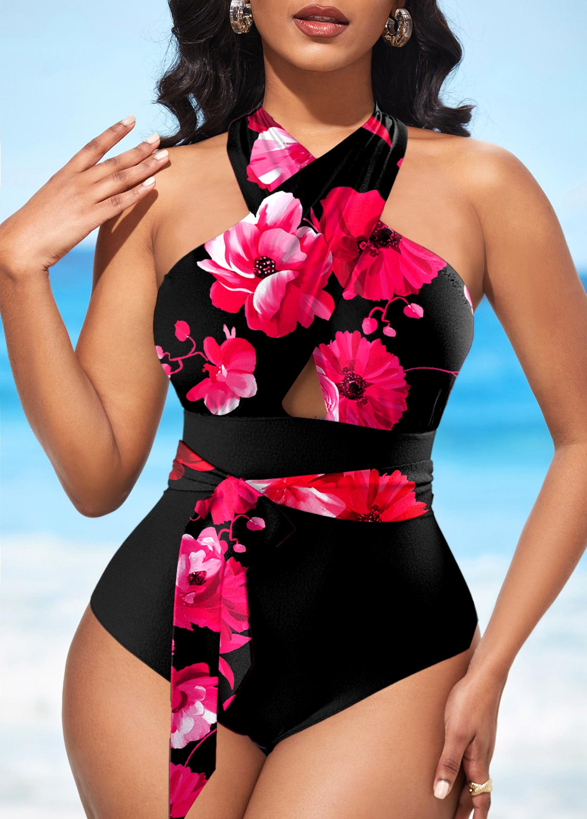 Floral Print Black Cross Halter One Piece Swimwear
