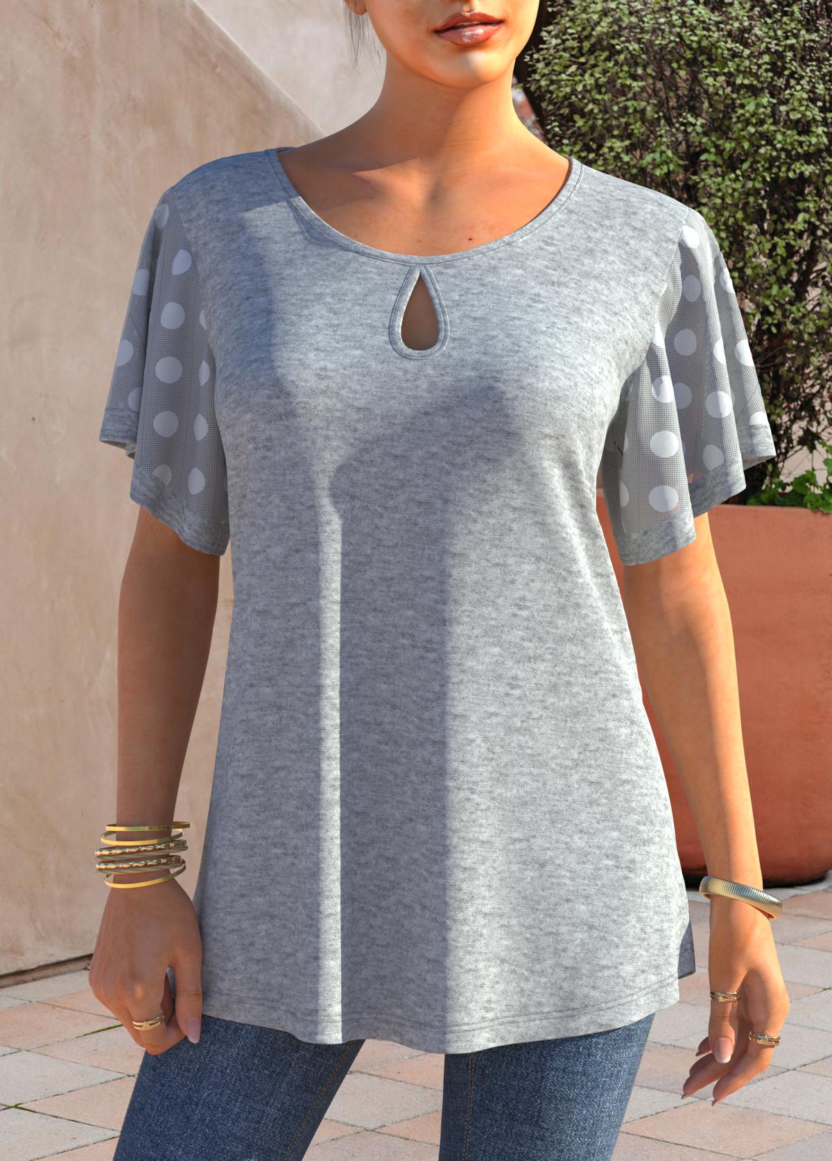 Keyhole Neckline Grey Marl Polka Dot T Shirt