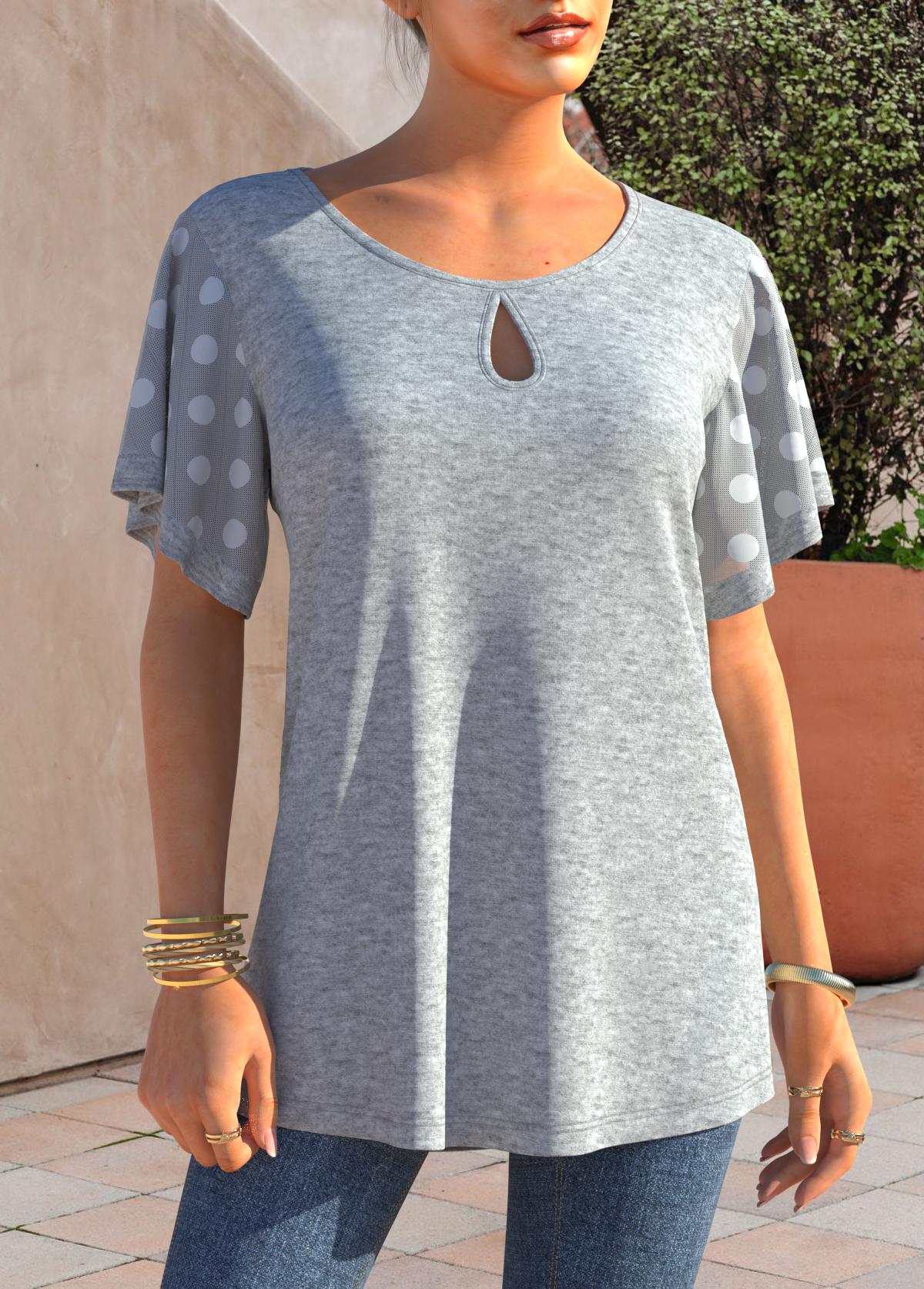 Keyhole Neckline Grey Marl Polka Dot T Shirt