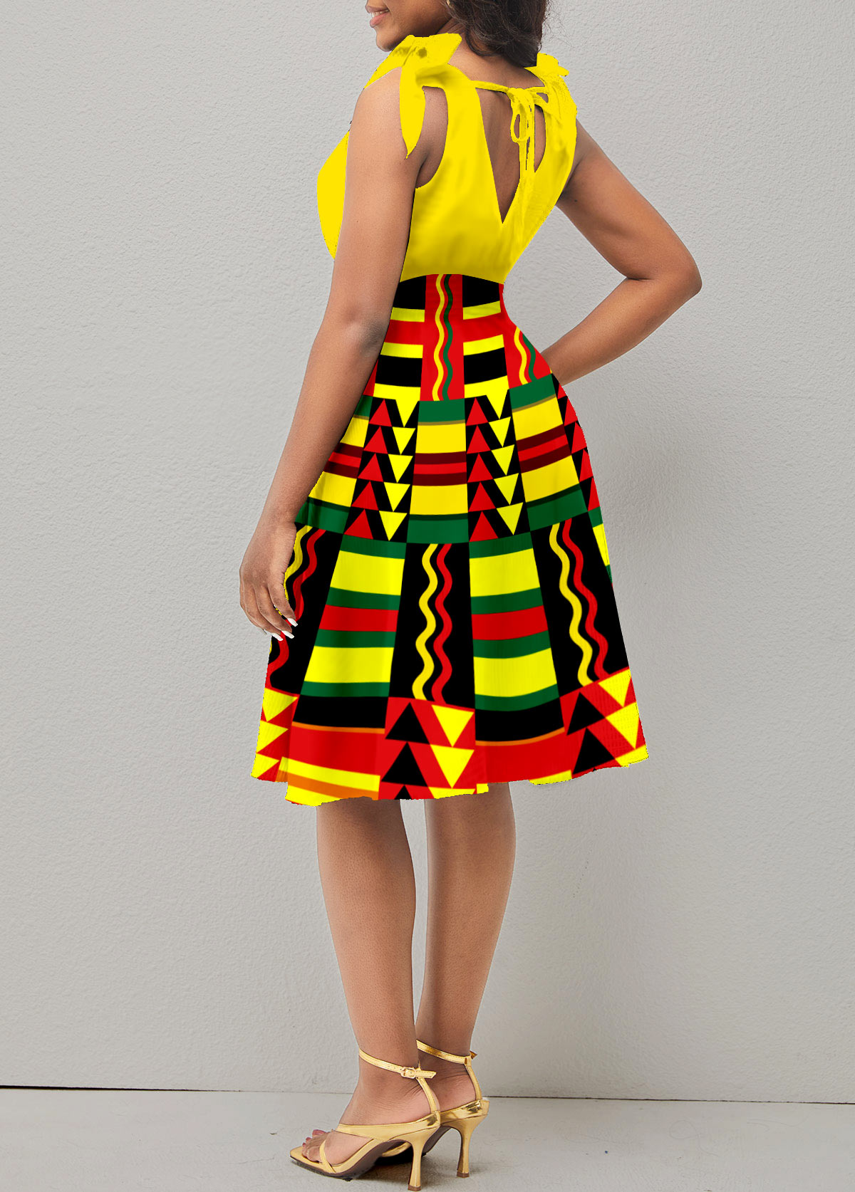 Tribal Print Sleeveless Yellow V Neck Dress