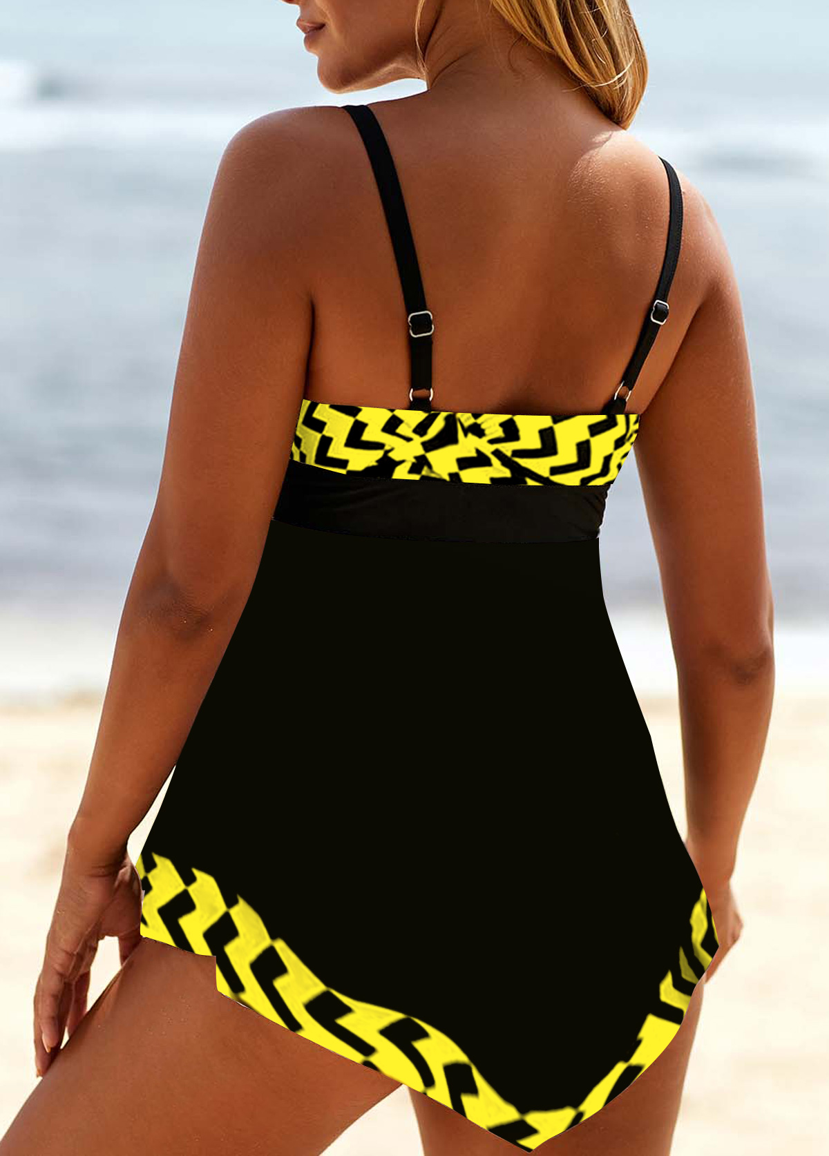 Yellow Geometric Print Lace Up Swimdress Top-No Bottom