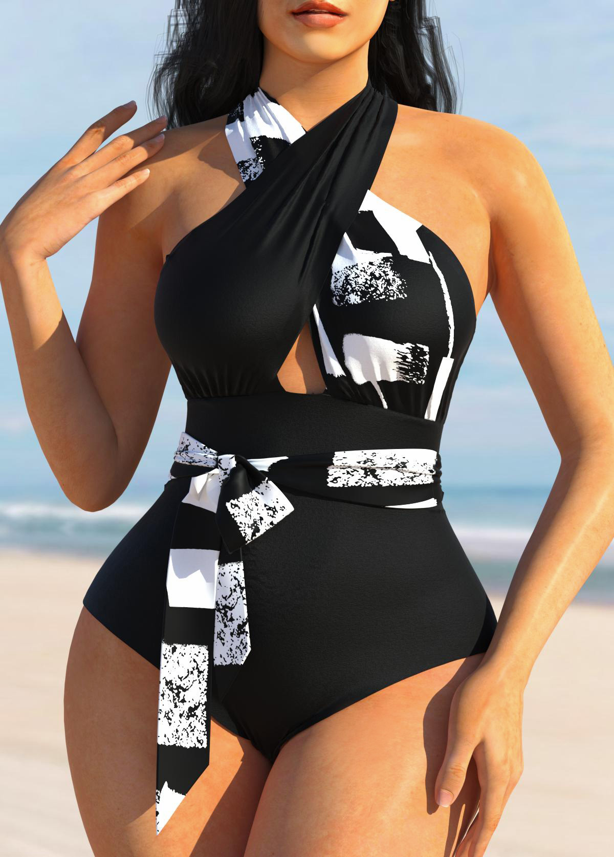 Cross Halter Geometric Print Black One Piece Swimwear