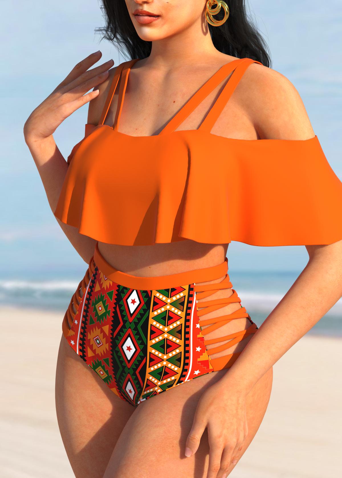 High Waisted Orange Tribal Print Bikini Set