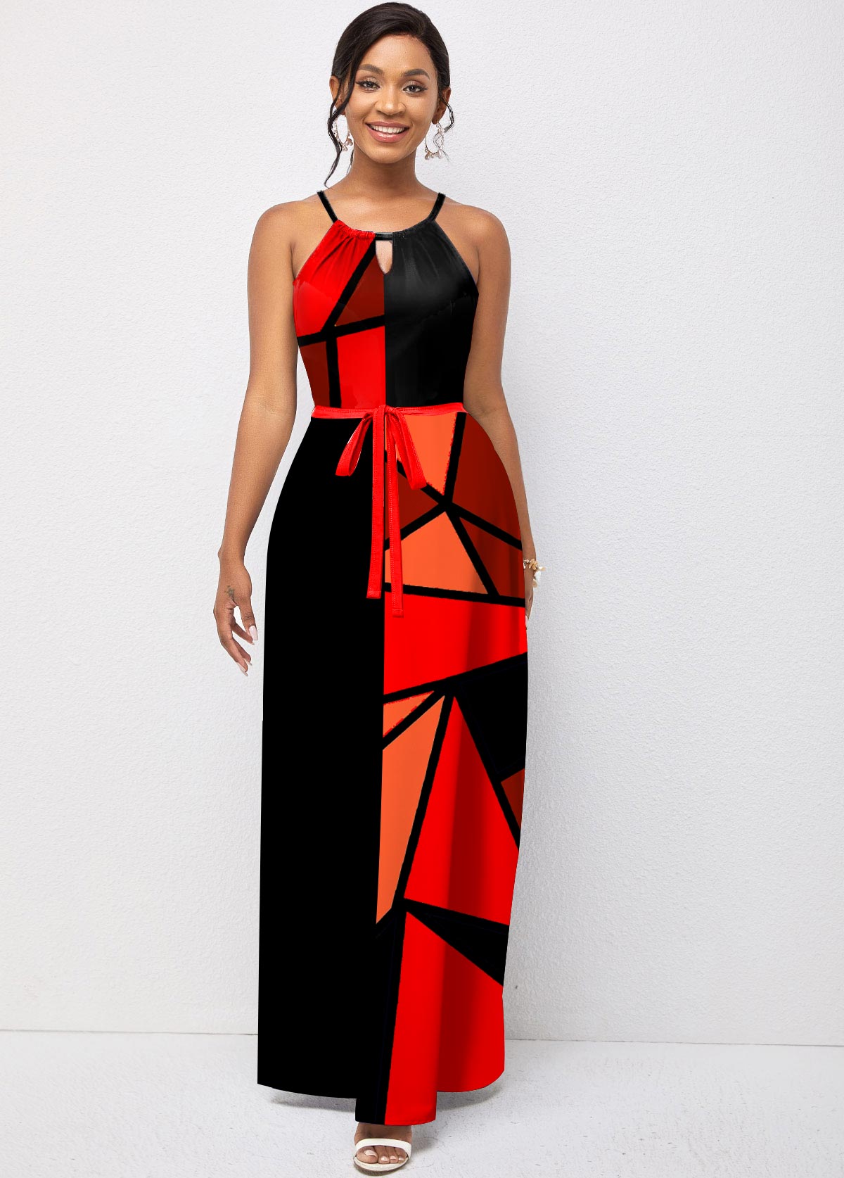 Geometric Print Belted Color Block Spaghetti Strap Dress