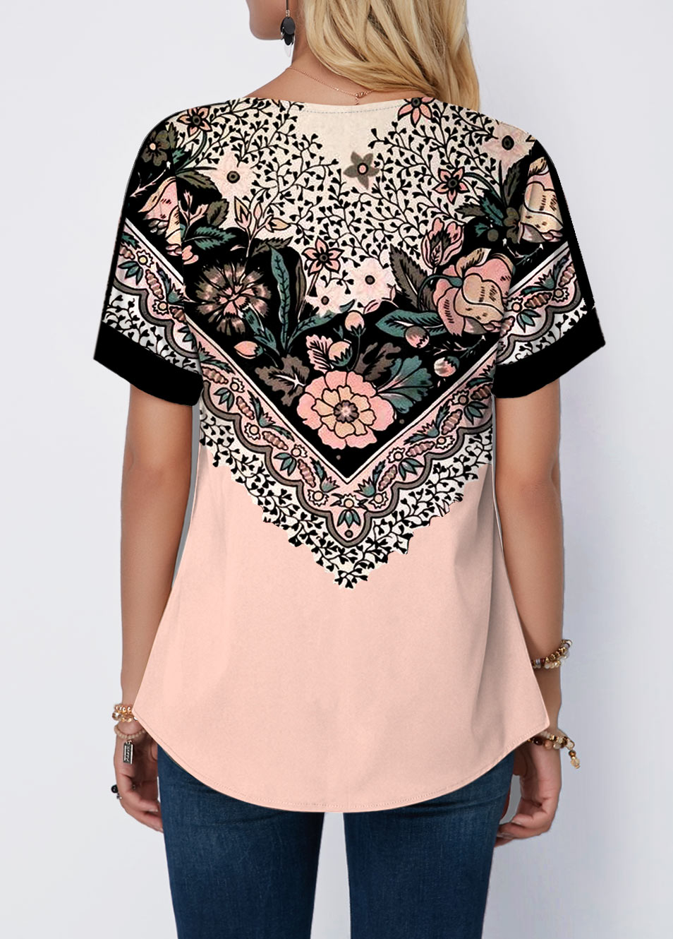Light Pink Floral Print Split Neck T Shirt
