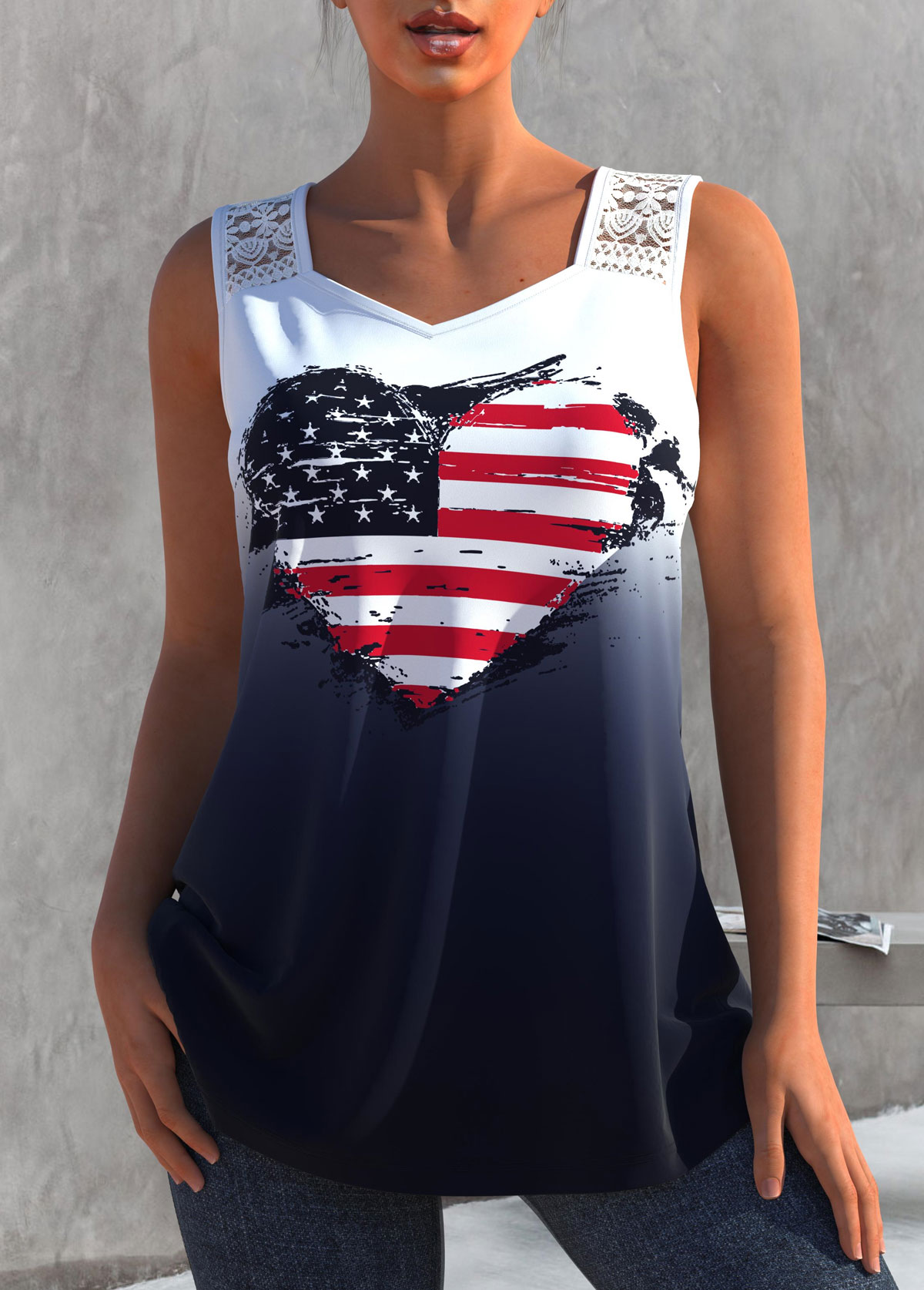 Lace Stitching Color Block American Flag Print Tank Top