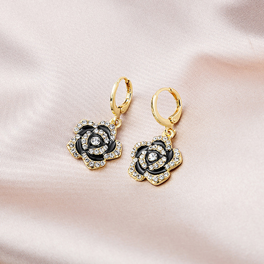 Floral Design Metal Detail Rhinestone Black Earrings