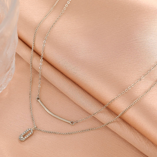 Layered Design Rhinestone Detail Silver Necklace