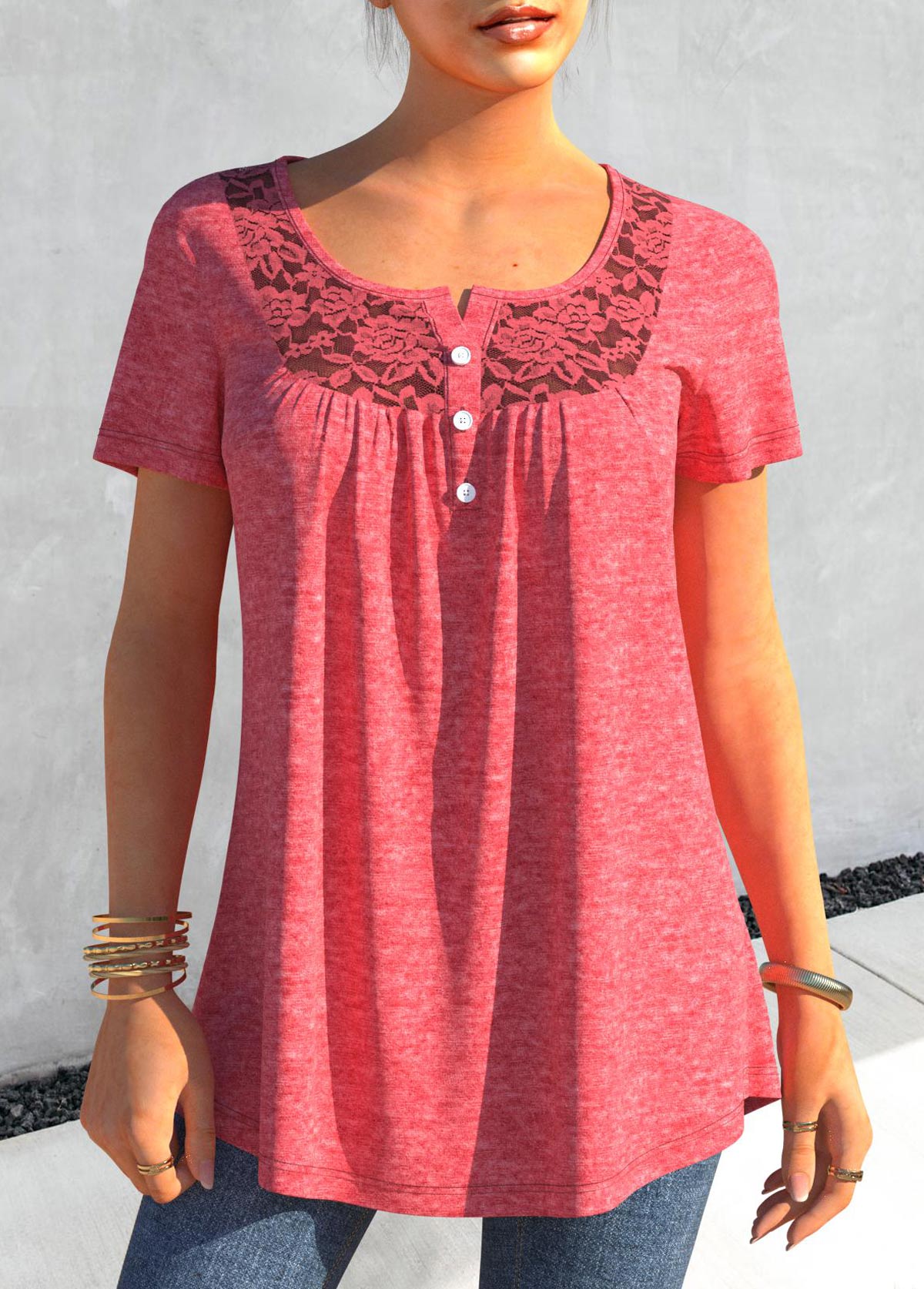 Lace Stitching Short Sleeve Pink T Shirt