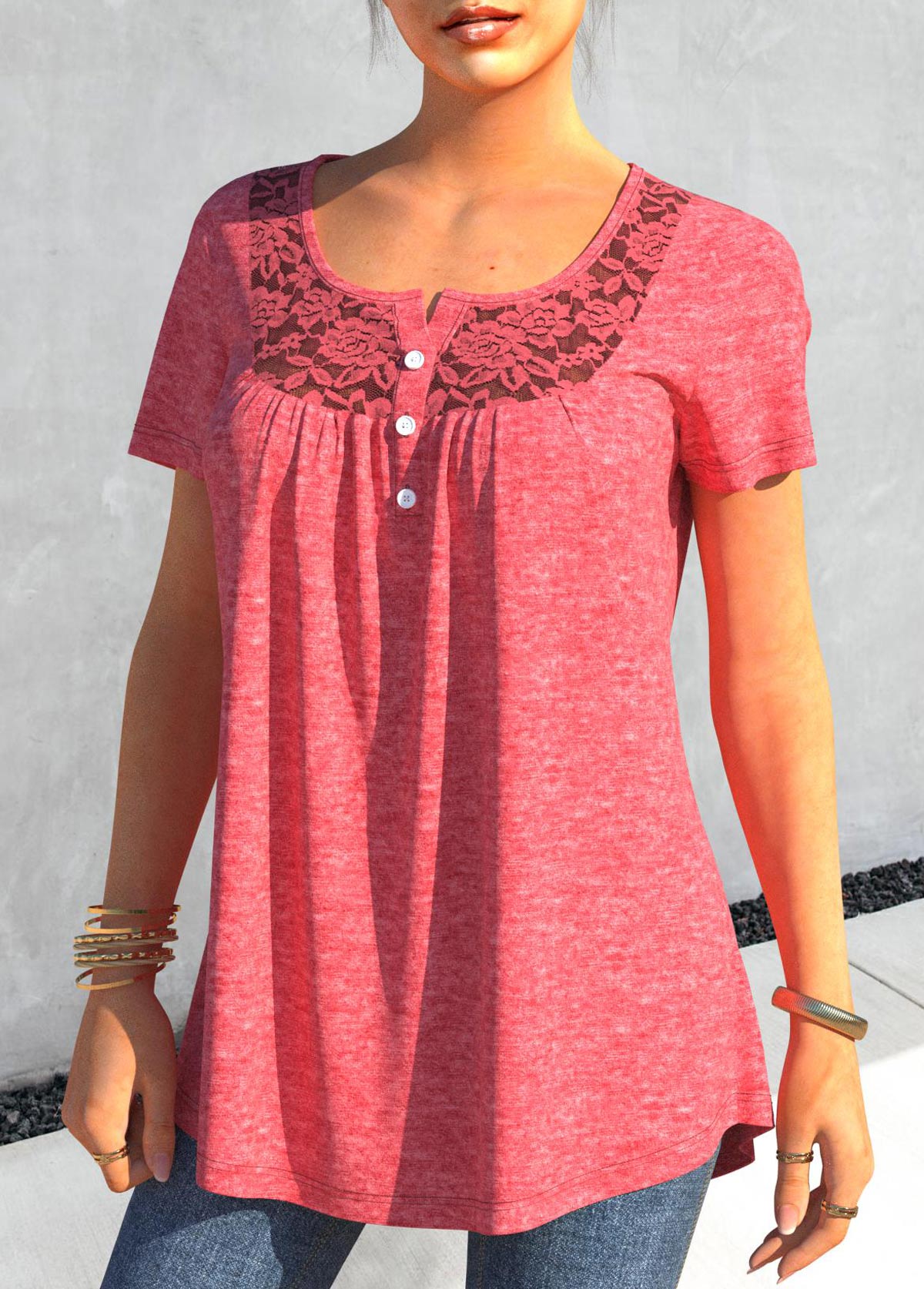 Lace Stitching Short Sleeve Pink T Shirt