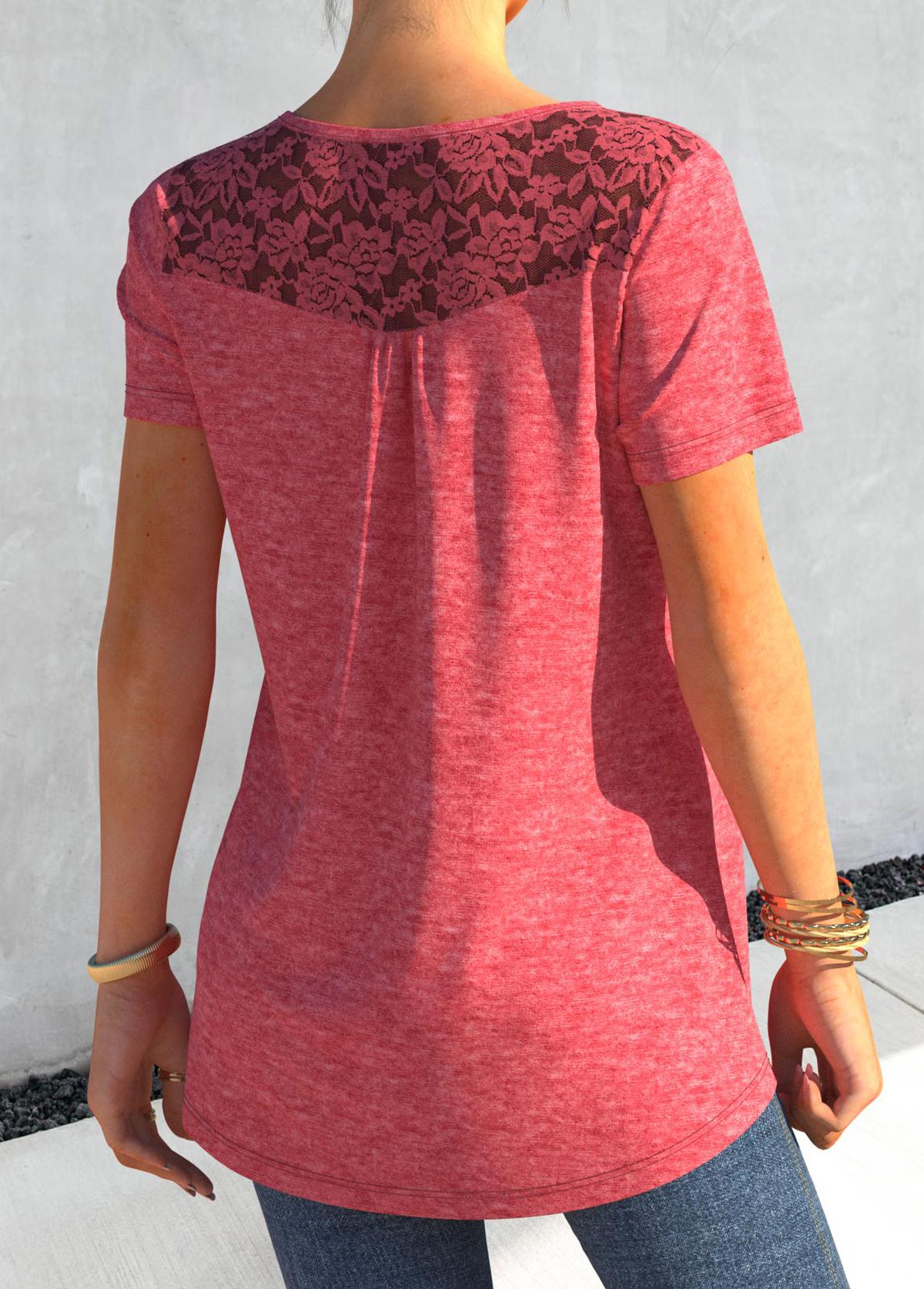 Lace Stitching Short Sleeve Pink T Shirt