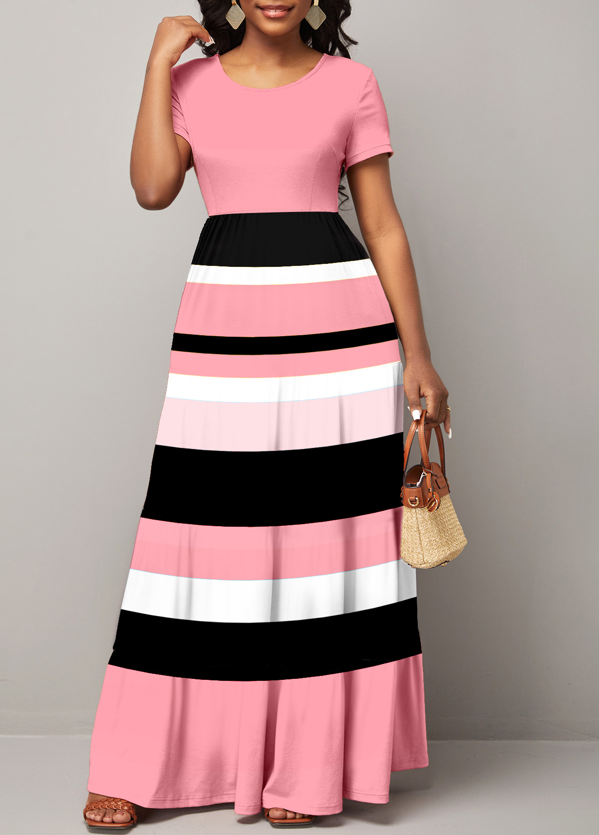 Striped Pink Round Neck Short Sleeve Maxi Dress