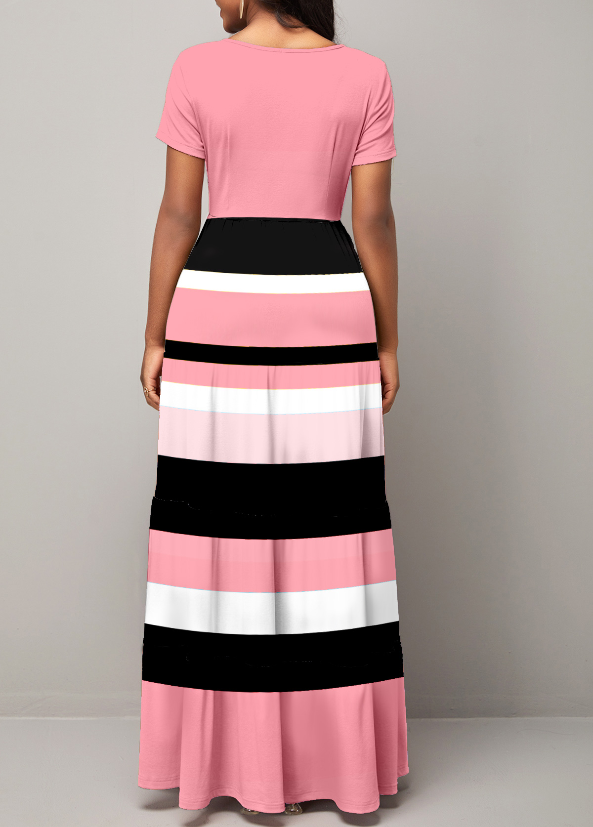 Striped Pink Round Neck Short Sleeve Maxi Dress