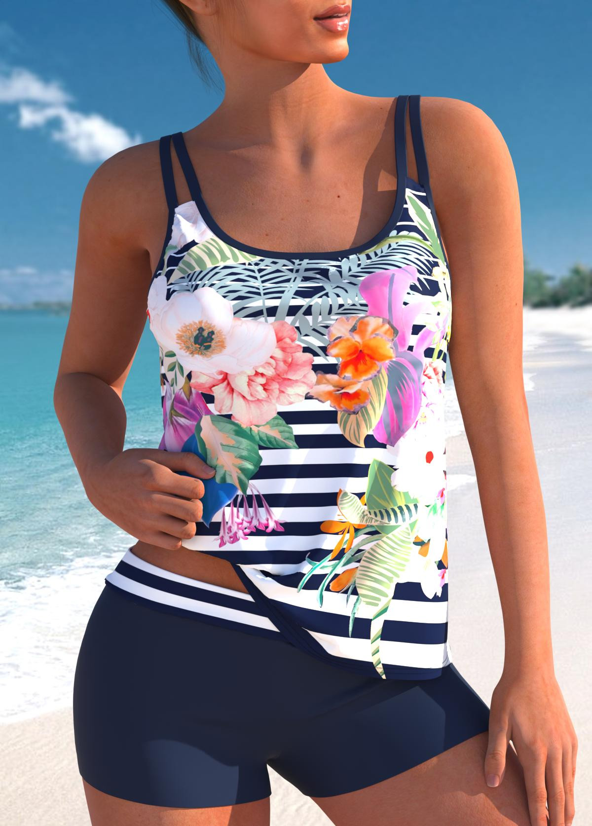 Striped Double Straps Floral Print Tankini Set