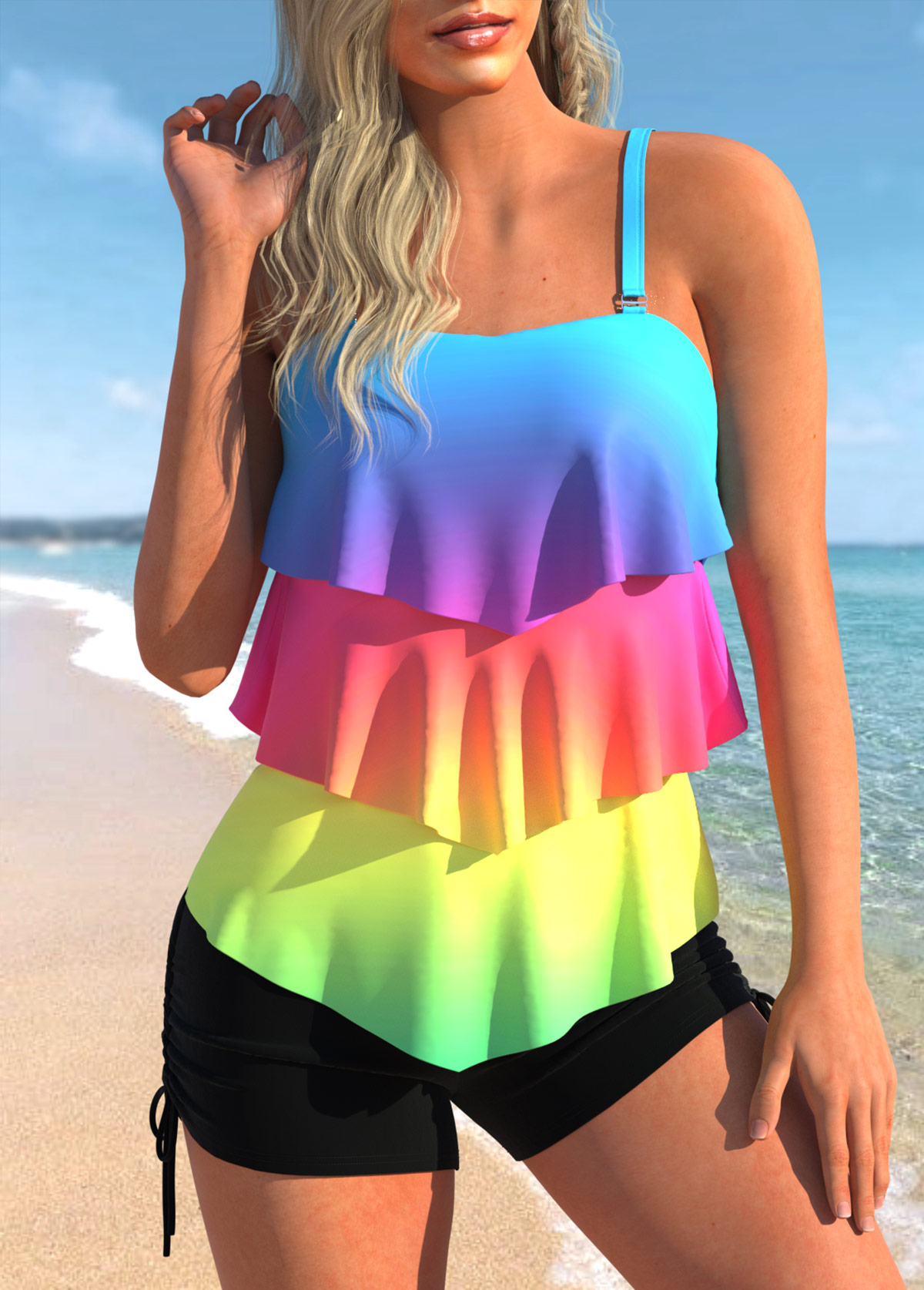 Rainbow Color Printed Layered Hem Tankini Set