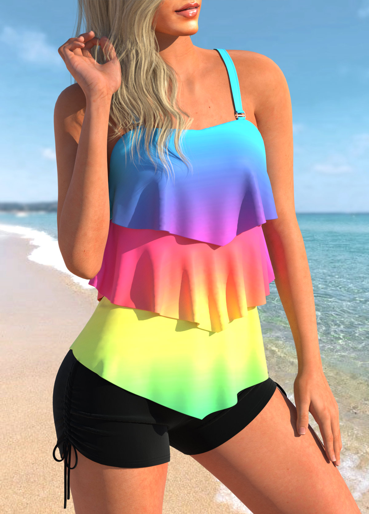 Rainbow Color Printed Layered Hem Tankini Set