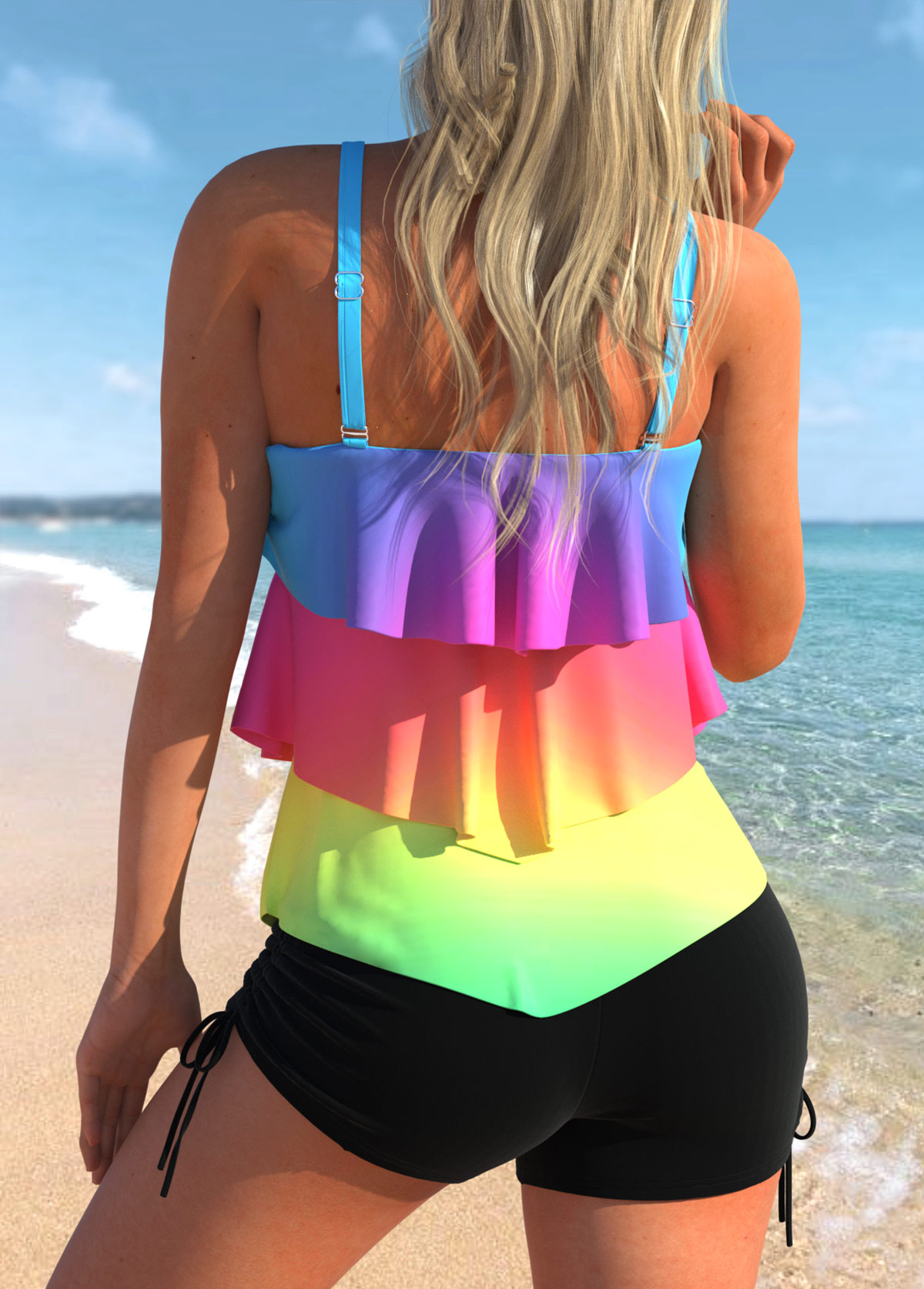 Rainbow Color Printed Layered Hem Tankini Top