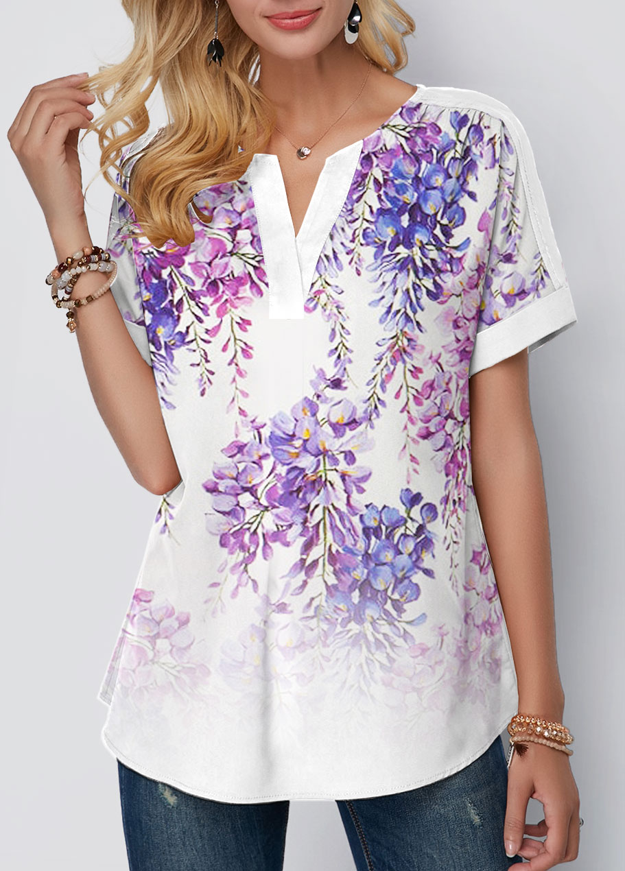 Purple Floral Print Split Neck T Shirt