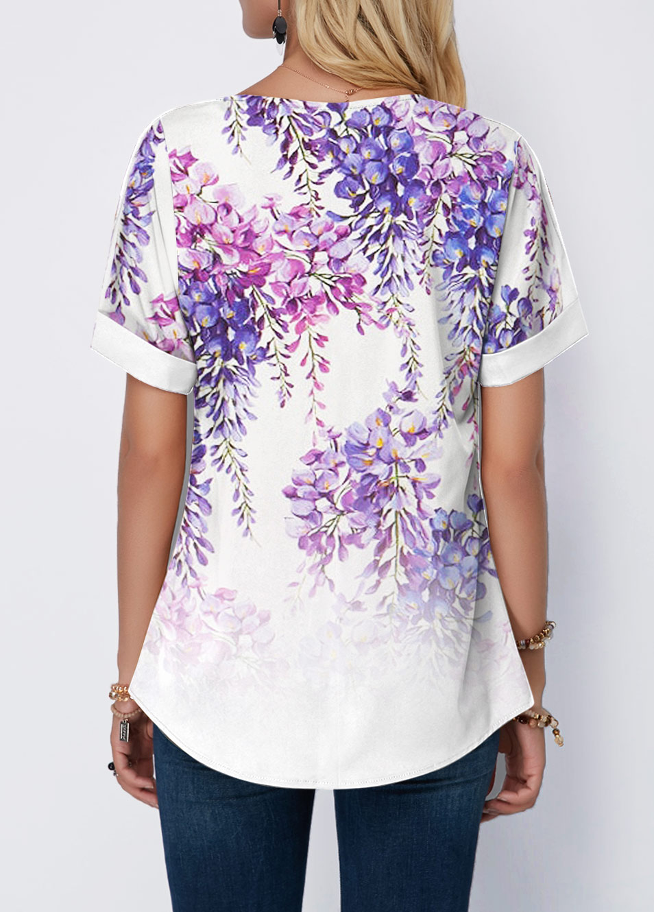 Purple Floral Print Split Neck T Shirt