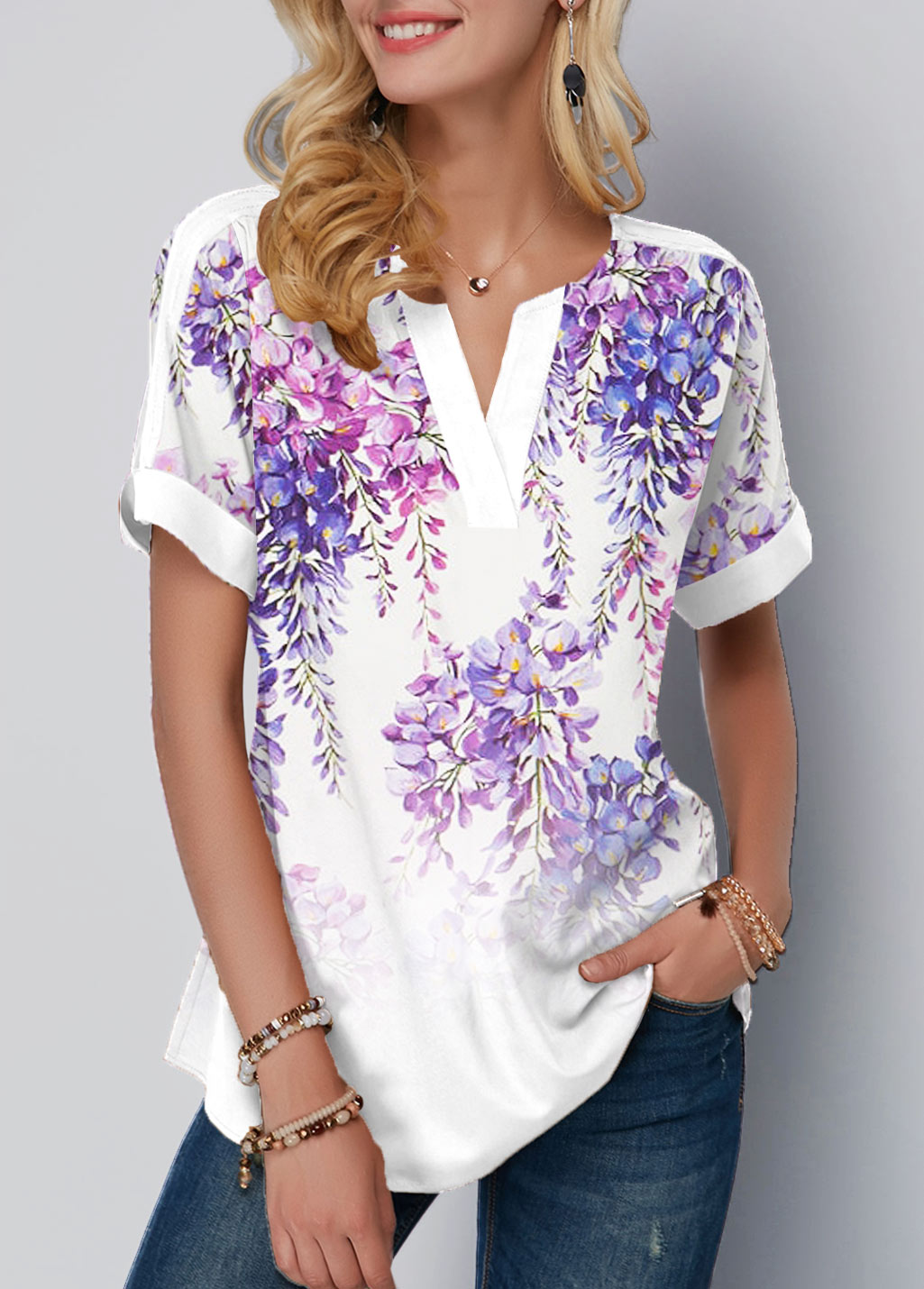 Purple Floral Print Split Neck T Shirt
