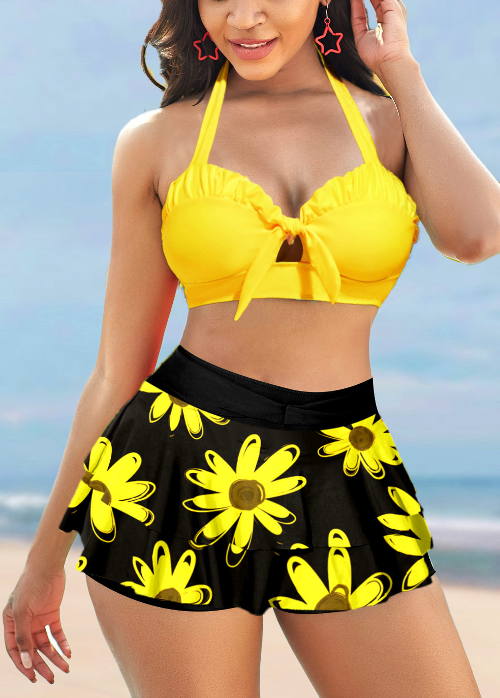 Yellow Floral Print High Waisted Bikini Set