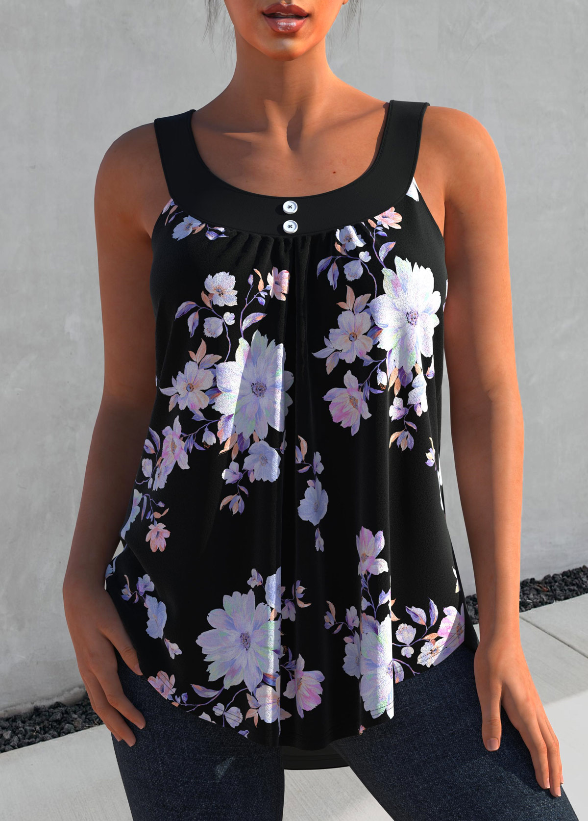 Black Floral Print Decorative Button Tank Top