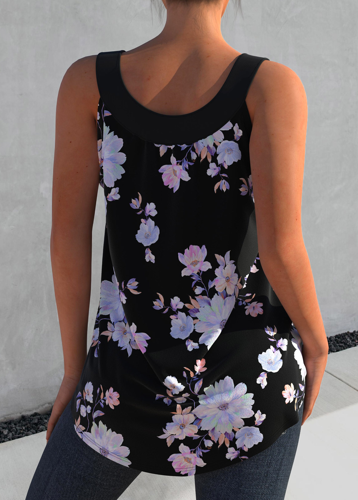 Black Floral Print Decorative Button Tank Top