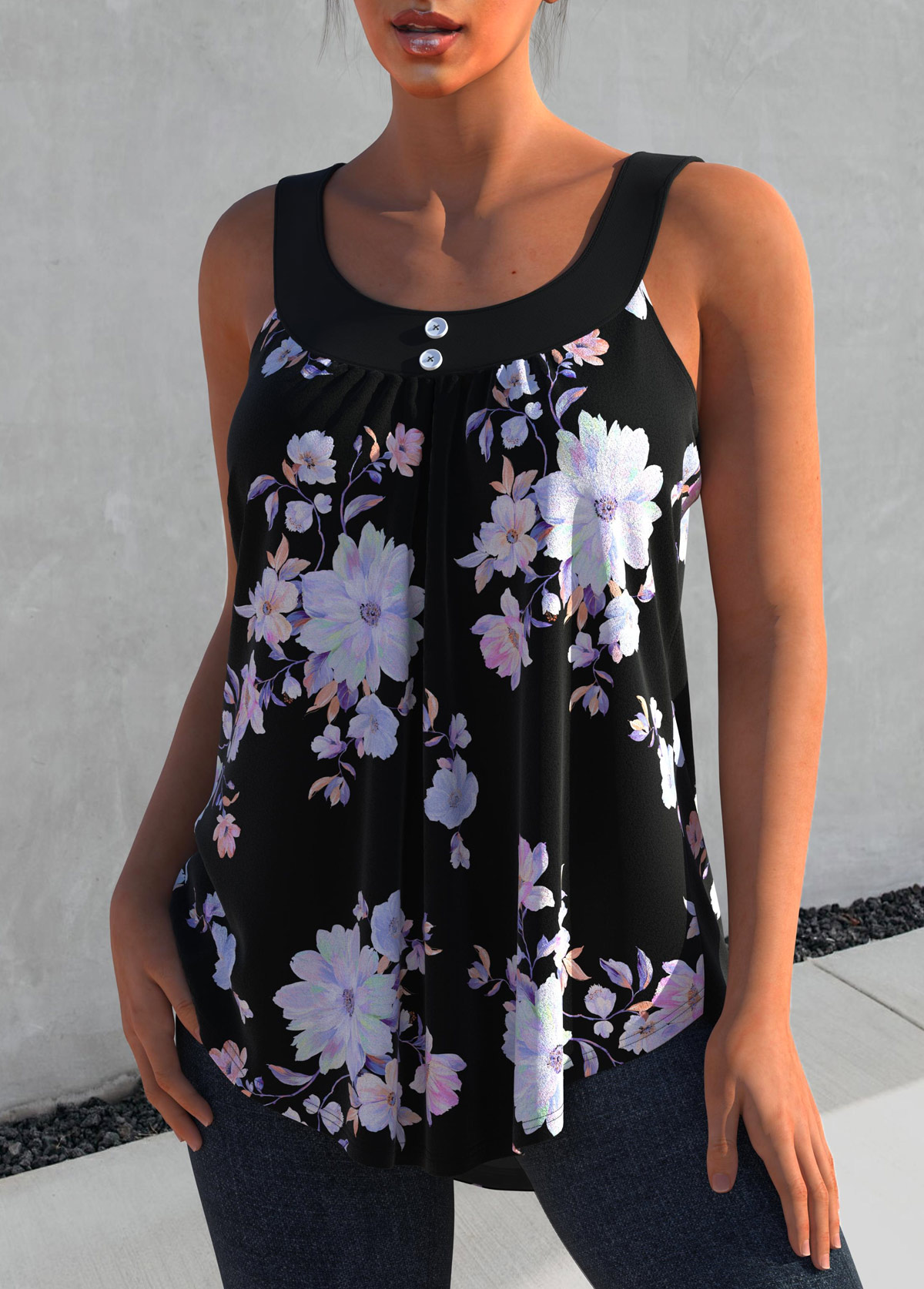 Black Floral Print Decorative Button Tank Top
