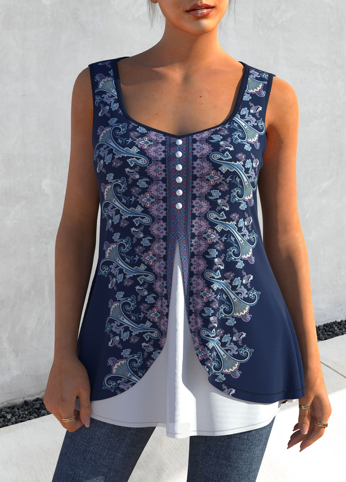 Navy Blue Faux Two Piece Tribal Print Tank Top